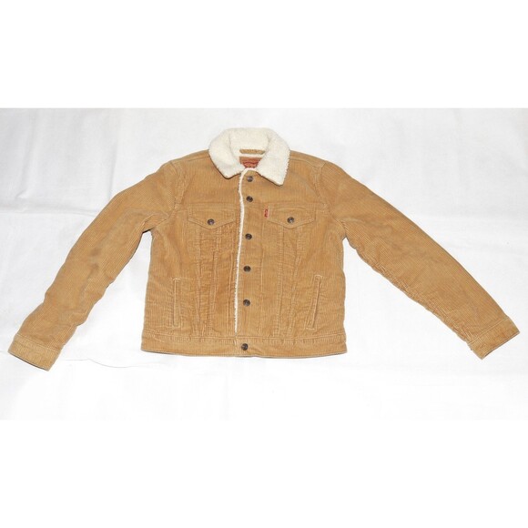 Levi’s Womens Corduroy Cropped Tan Sherpa Fleece Lined Trucker Jacket Size Small - Picture 1 of 9